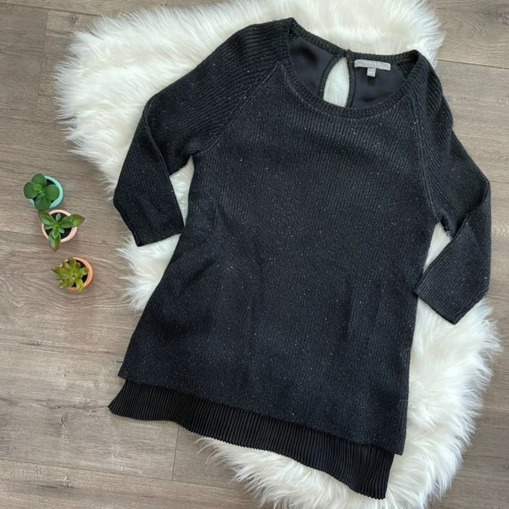 Neiman Marcus The Cashmere Collection black long sweater with silk underlay